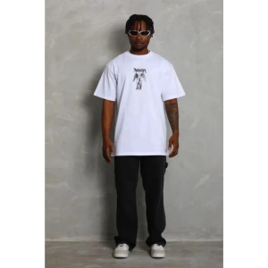 Erkek Baskılı T-Shirt Kısa Kol Bisiklet Yaka Regular Fit Rahat Kalıp Günlük Tişört - Beyaz