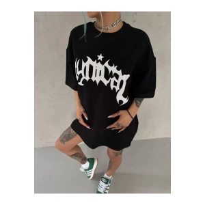 Unisex Bisiklet Yaka Baskılı Oversize T-Shirt - Siyah