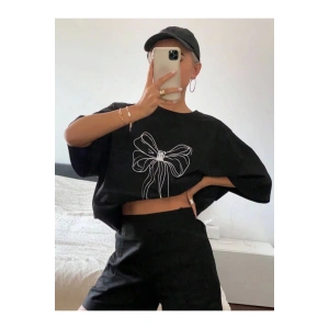 Baskılı Oversize T-shirt - Siyah