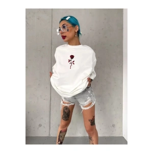 Unisex Bisiklet Yaka Baskılı Oversize T-Shirt - Beyaz