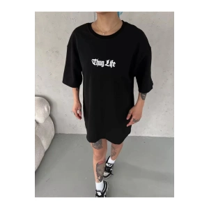 Unisex Bisiklet Yaka Baskılı Oversize T-Shirt - Siyah