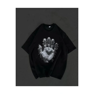 Unisex Bisiklet Yaka Baskılı Oversize T-Shirt - Siyah