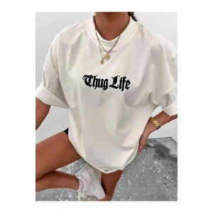 Unisex Bisiklet Yaka Baskılı Oversize T-Shirt - Beyaz