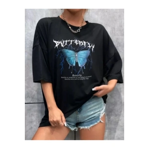 Unisex Baskılı Oversize T-Shirt - Siyah