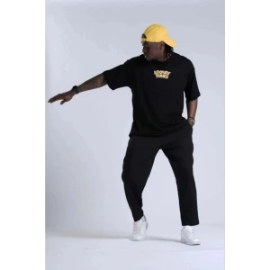 Unisex Bisiklet Yaka Baskılı Oversize T-Shirt - Siyah