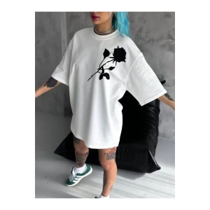 Unisex Bisiklet Yaka Baskılı Oversize T-Shirt - Beyaz