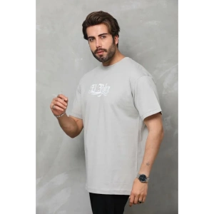 Unisex Bisiklet Yaka Baskılı Oversize T-Shirt - Gri