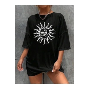 Bisiklet Yaka Baskılı T-shirt - Siyah