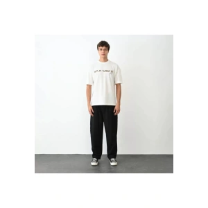 Unisex Bisiklet Yaka Baskılı Oversize T-Shirt - Beyaz