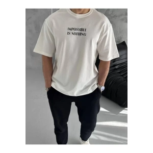 Unisex Bisiklet Yaka Baskılı Oversize T-Shirt - Beyaz