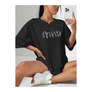 Baskılı Oversize T-shirt - Siyah