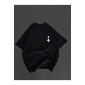 Unisex Bisiklet Yaka Baskılı Oversize T-Shirt - Siyah