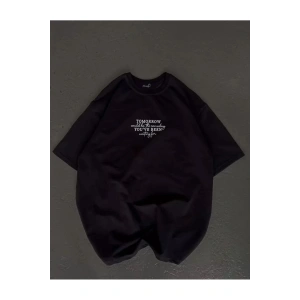 Unisex Bisiklet Yaka Baskılı Oversize T-Shirt - Siyah