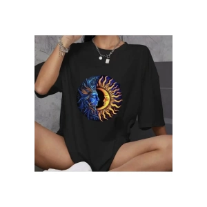 Unisex Bisiklet Yaka Baskılı Oversize T-Shirt - Siyah