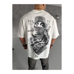 Unisex Baskılı Oversize T-Shirt - Beyaz
