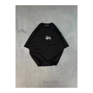 Unisex Bisiklet Yaka Baskılı Oversize T-Shirt - Siyah