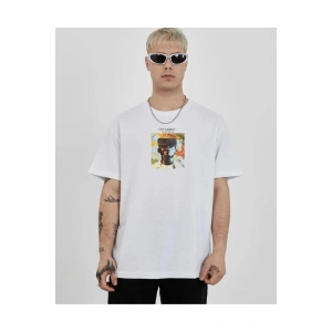 Unisex Bisiklet Yaka Baskılı Oversize T-Shirt - Beyaz