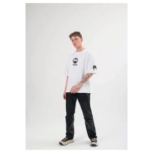 Unisex Bisiklet Yaka Baskılı Oversize T-Shirt - Beyaz