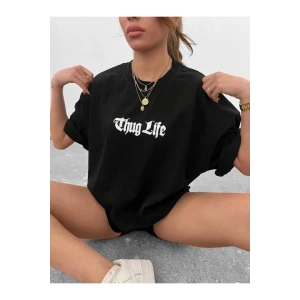 Unisex Bisiklet Yaka Baskılı Oversize T-Shirt - Siyah