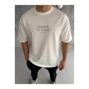 Unisex Bisiklet Yaka Baskılı Oversize T-Shirt - Beyaz