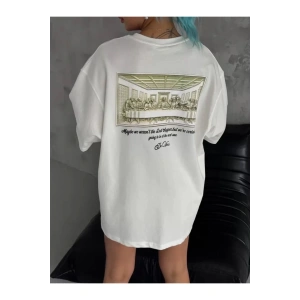 Unisex Baskılı Oversize T-Shirt - Beyaz