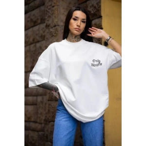 Unisex Bisiklet Yaka Baskılı Oversize T-Shirt - Beyaz