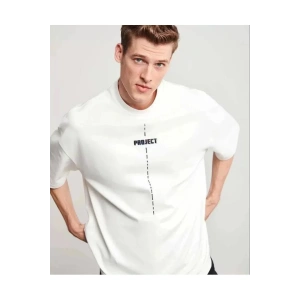 Unisex Bisiklet Yaka Baskılı Oversize T-Shirt - Beyaz