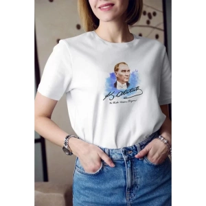 Unisex Bisiklet Yaka Baskılı Oversize T-Shirt - Beyaz