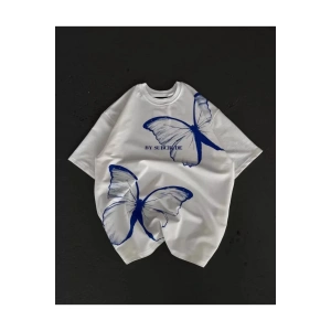 Unisex Bisiklet Yaka Baskılı Oversize T-Shirt - Beyaz