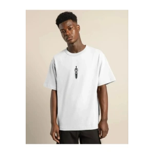 Unisex Bisiklet Yaka Baskılı Oversize T-Shirt - Beyaz