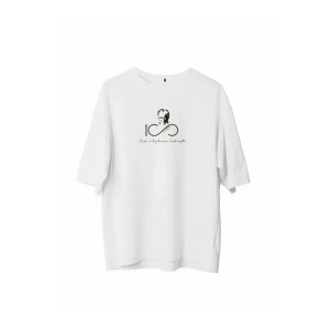 Unisex Bisiklet Yaka Baskılı Oversize T-Shirt - Beyaz