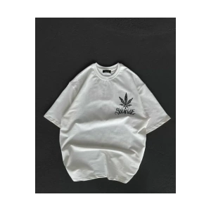 Unisex Bisiklet Yaka Baskılı Oversize T-Shirt - Beyaz