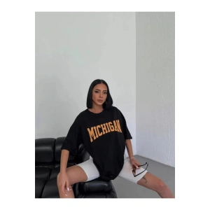 Unisex Bisiklet Yaka Baskılı Oversize T-Shirt - Beyaz