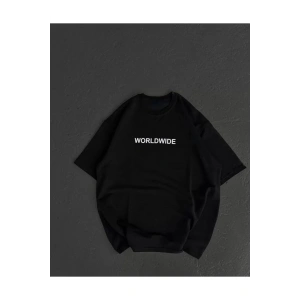 Unisex Bisiklet Yaka Baskılı Oversize T-Shirt - Siyah