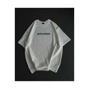 Unisex Bisiklet Yaka Baskılı Oversize T-Shirt - Beyaz