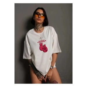 Unisex Bisiklet Yaka Baskılı Oversize T-Shirt - Beyaz