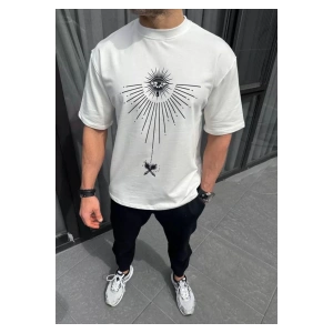 Unisex Bisiklet Yaka Baskılı Oversize T-Shirt - Beyaz