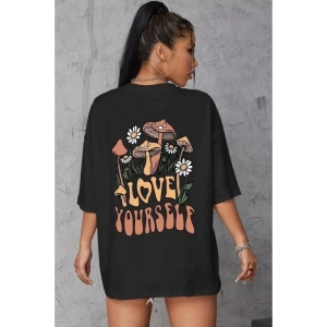 Unisex Baskılı Oversize T-Shirt - Siyah