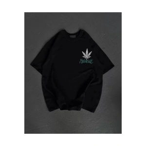 Unisex Bisiklet Yaka Baskılı Oversize T-Shirt - Siyah