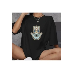 Unisex Bisiklet Yaka Baskılı Oversize T-Shirt - Siyah