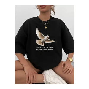 Unisex Bisiklet Yaka Baskılı Oversize T-Shirt - Siyah