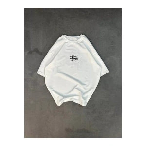Unisex Bisiklet Yaka Baskılı Oversize T-Shirt - Beyaz