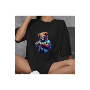 Unisex Bisiklet Yaka Baskılı Oversize T-Shirt - Siyah