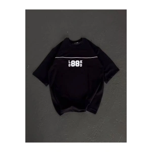 Unisex Bisiklet Yaka Baskılı Oversize T-Shirt - Siyah