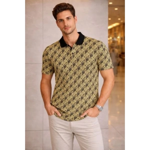 Erkek Pike Kumaş Polo Yaka Palmiye Desenli Tişört Kısa Kol Yazlık T-Shirt - Sarı