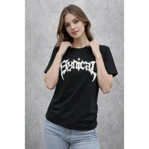 Bisiklet Yaka Ön Baskılı Kısa Kollu Tişört Streetwear Günlük Basic Pamuklu T-shirt - Siyah