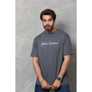 Erkek Baskılı T-Shirt Kısa Kol Bisiklet Yaka Regular Fit Rahat Kalıp Günlük Tişört - Füme