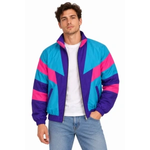 Erkek 80’ler Retro Wintage Dijital Baskılı Fermuarlı Rüzgar Kesici Mevsimlik Ceket