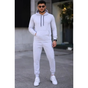 Erkek İki İplik Kapüşonlu Kanguru Cepli Sweatshirt Jogger Pantolon Alt Üst Eşofman Takımı -Beyaz