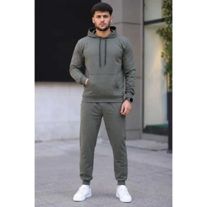 Erkek İki İplik Kapüşonlu Kanguru Cepli Sweatshirt Jogger Pantolon Alt Üst Eşofman Takımı - Haki